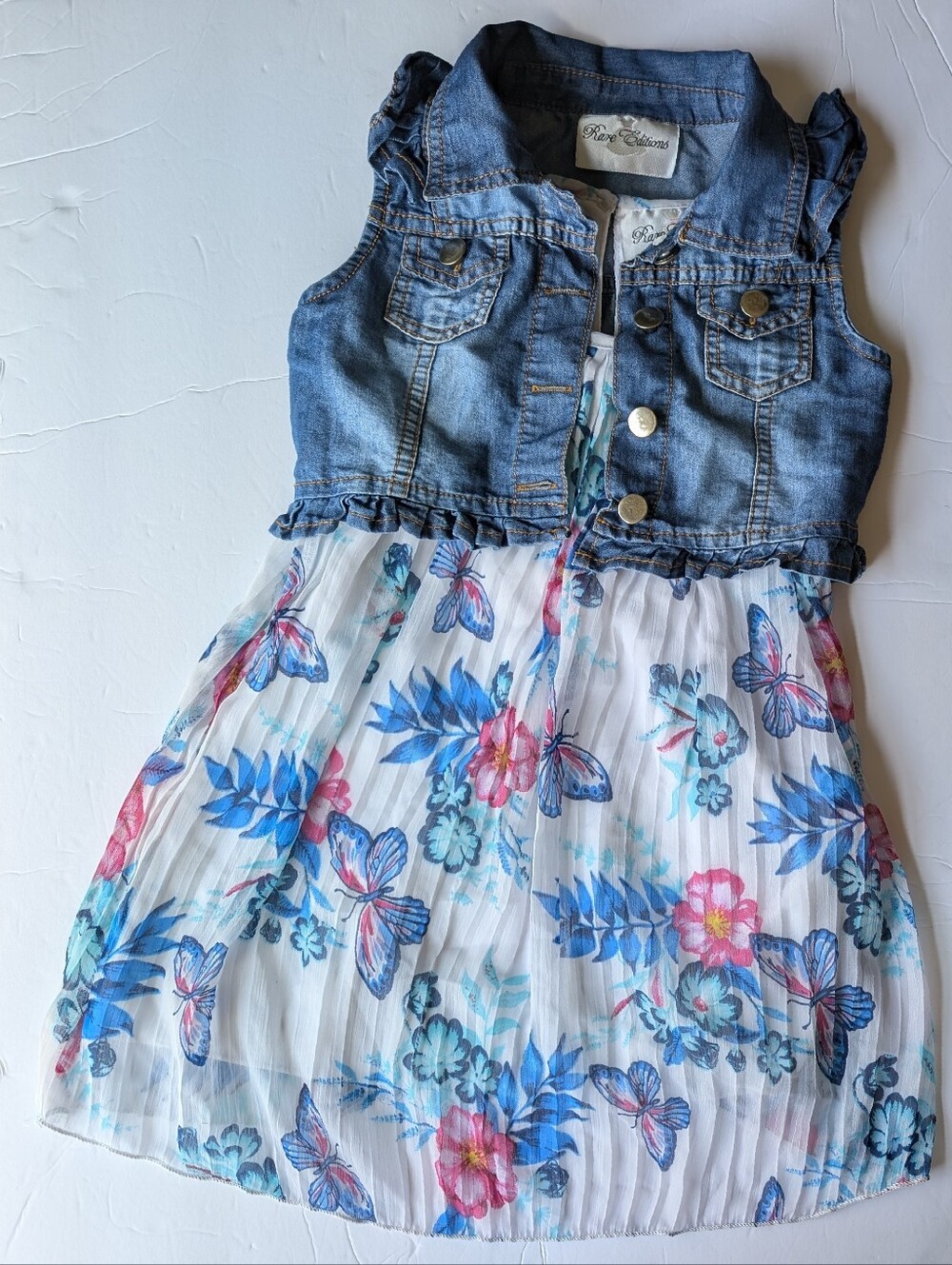 3T Girls Rare Editions Denim Vest Floral Pleated Dress - Blue, White, Pink